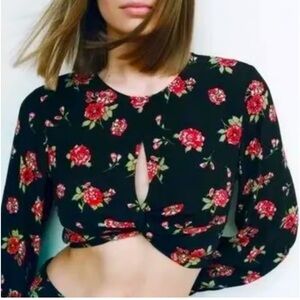 ZARA Women's Floral Crop Top Key-Hole Long Sleeve Zip Red- Black